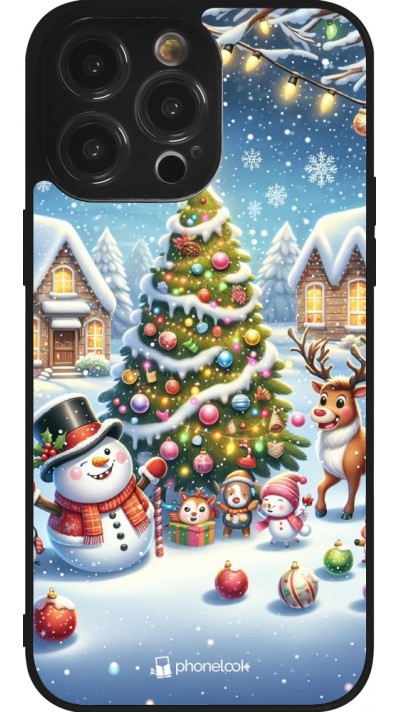 Coque iPhone 14 Pro Max - Silicone rigide noir Noël 2023 bonhomme de neige et sapin