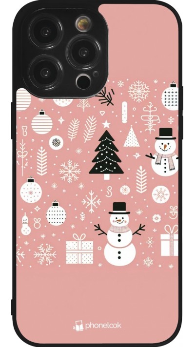 Coque iPhone 14 Pro Max - Silicone rigide noir Noël 2024 Rose Snowman Christmas
