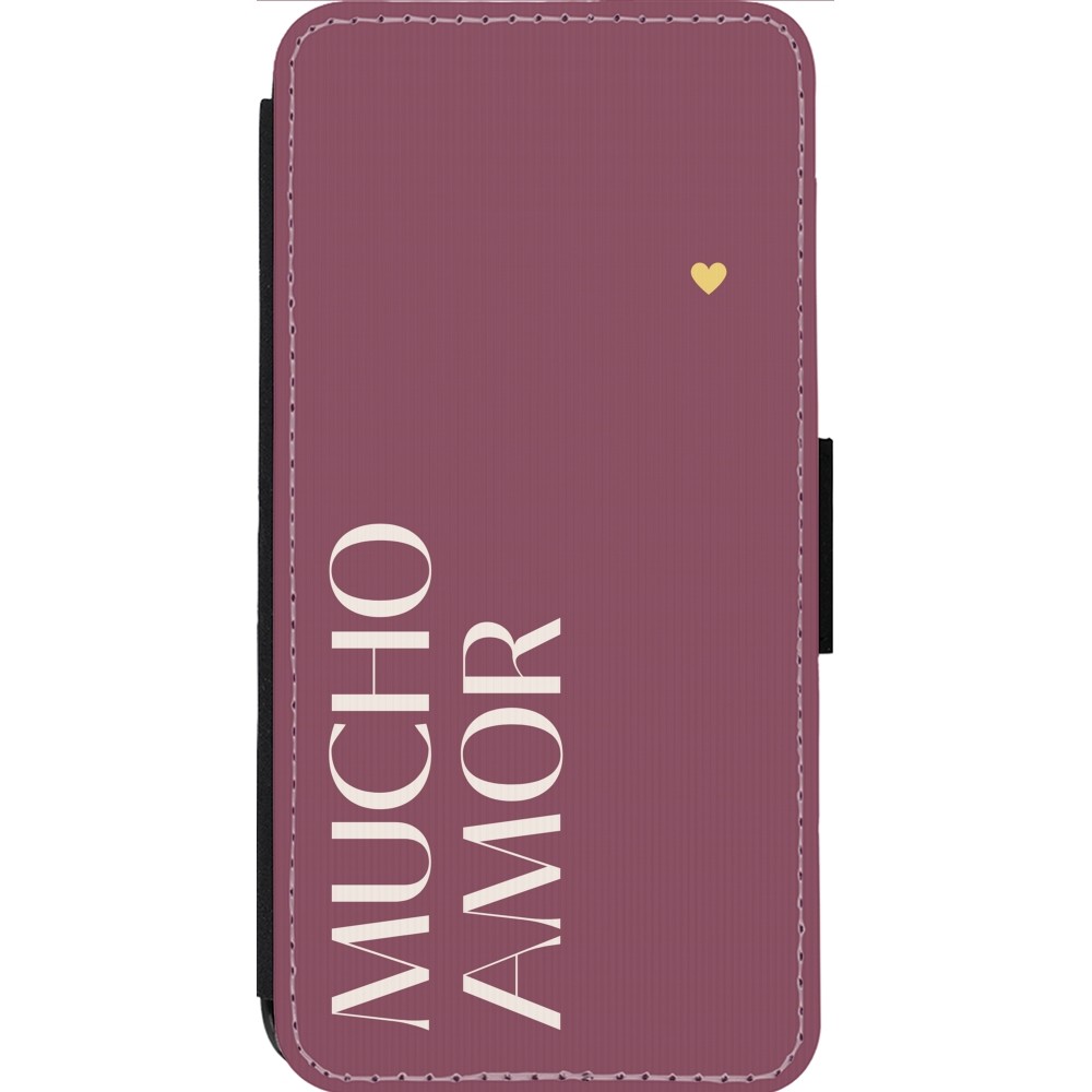 Coque iPhone 14 Pro Max - Wallet noir Valentine 2024 mucho amor rosado