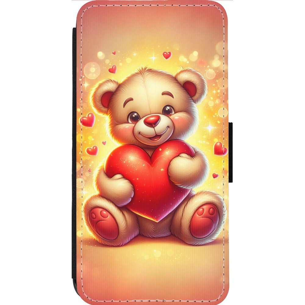 Coque iPhone 14 Pro Max - Wallet noir Valentine 2024 Teddy love