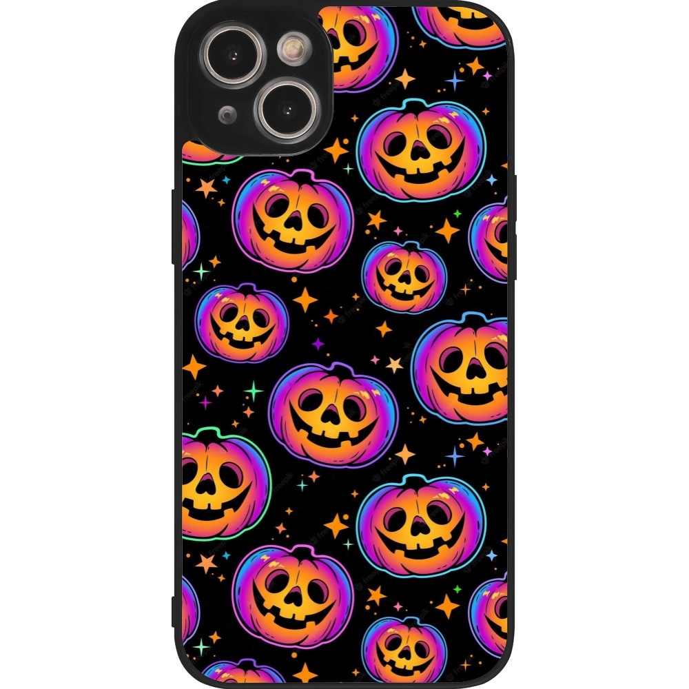 Coque iPhone 14 Plus - Silicone rigide noir Halloween 2024 rainbow pumpkins