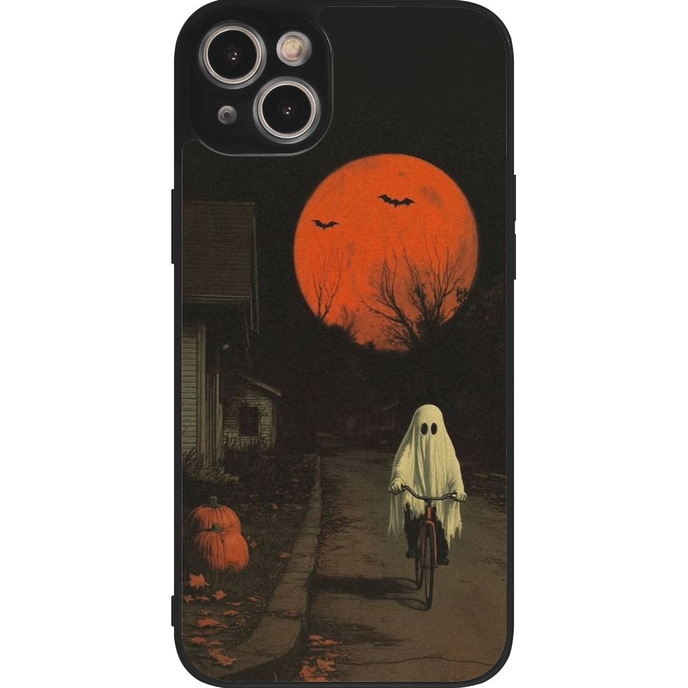 Coque iPhone 14 Plus - Silicone rigide noir Halloween 2025 Ghost on a bicycle