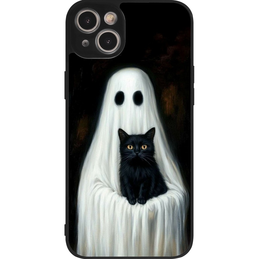 Coque iPhone 14 Plus - Silicone rigide noir Halloween 2025 Ghost with black cat