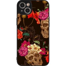 Coque iPhone 14 Plus - Silicone rigide noir Skulls and flowers