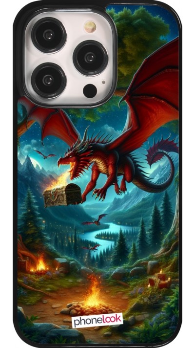 Coque iPhone 14 Pro - Dragon Volant Forêt Trésor