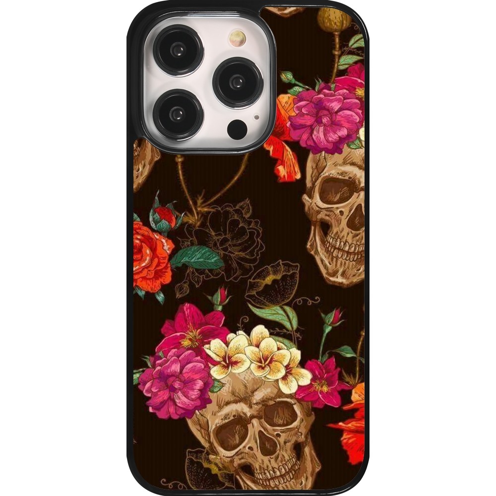 Coque iPhone 14 Pro - Skulls and flowers