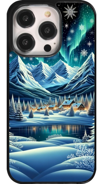 iPhone 14 Pro Case Hülle - Verschneites Bergdorf am See in der Nacht