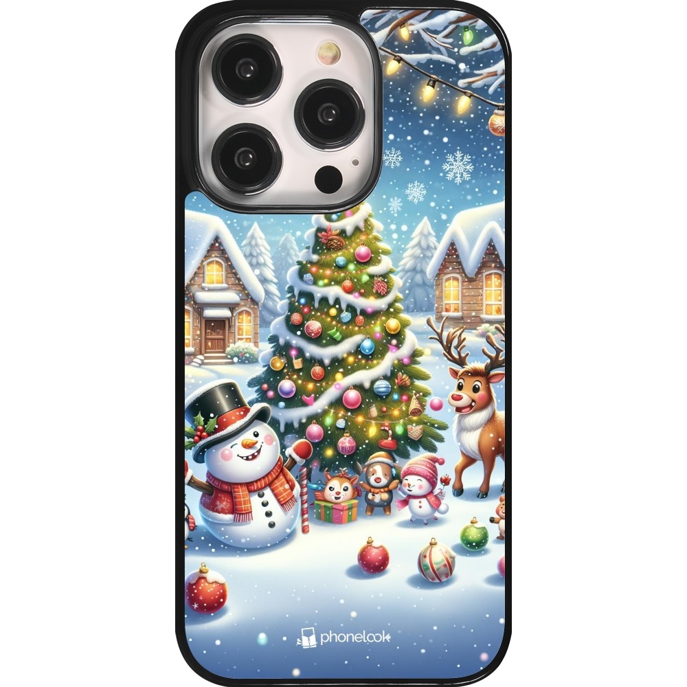 Coque iPhone 14 Pro - Noël 2023 bonhomme de neige et sapin