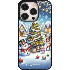 Coque iPhone 14 Pro - Noël 2023 bonhomme de neige et sapin