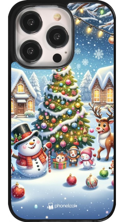 Coque iPhone 14 Pro - Noël 2023 bonhomme de neige et sapin