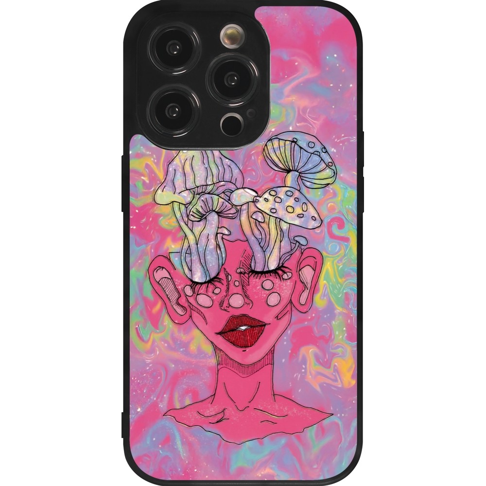 iPhone 14 Pro Case Hülle - Silikon schwarz Psychedelic pink mushroom