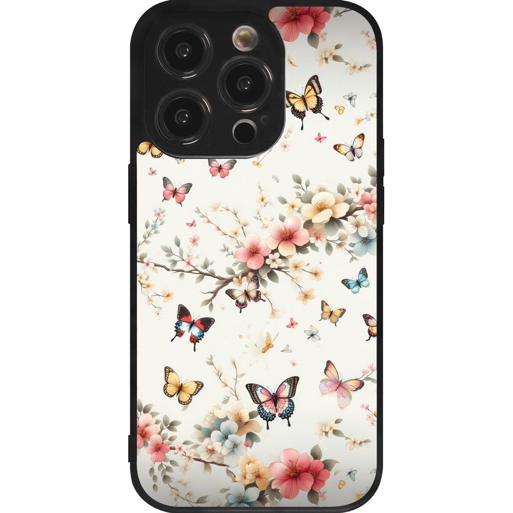Coque iPhone 14 Pro - Silicone rigide noir Spring 25 Papillons Légers