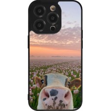 Coque iPhone 14 Pro - Silicone rigide noir Cow with tulips 2026