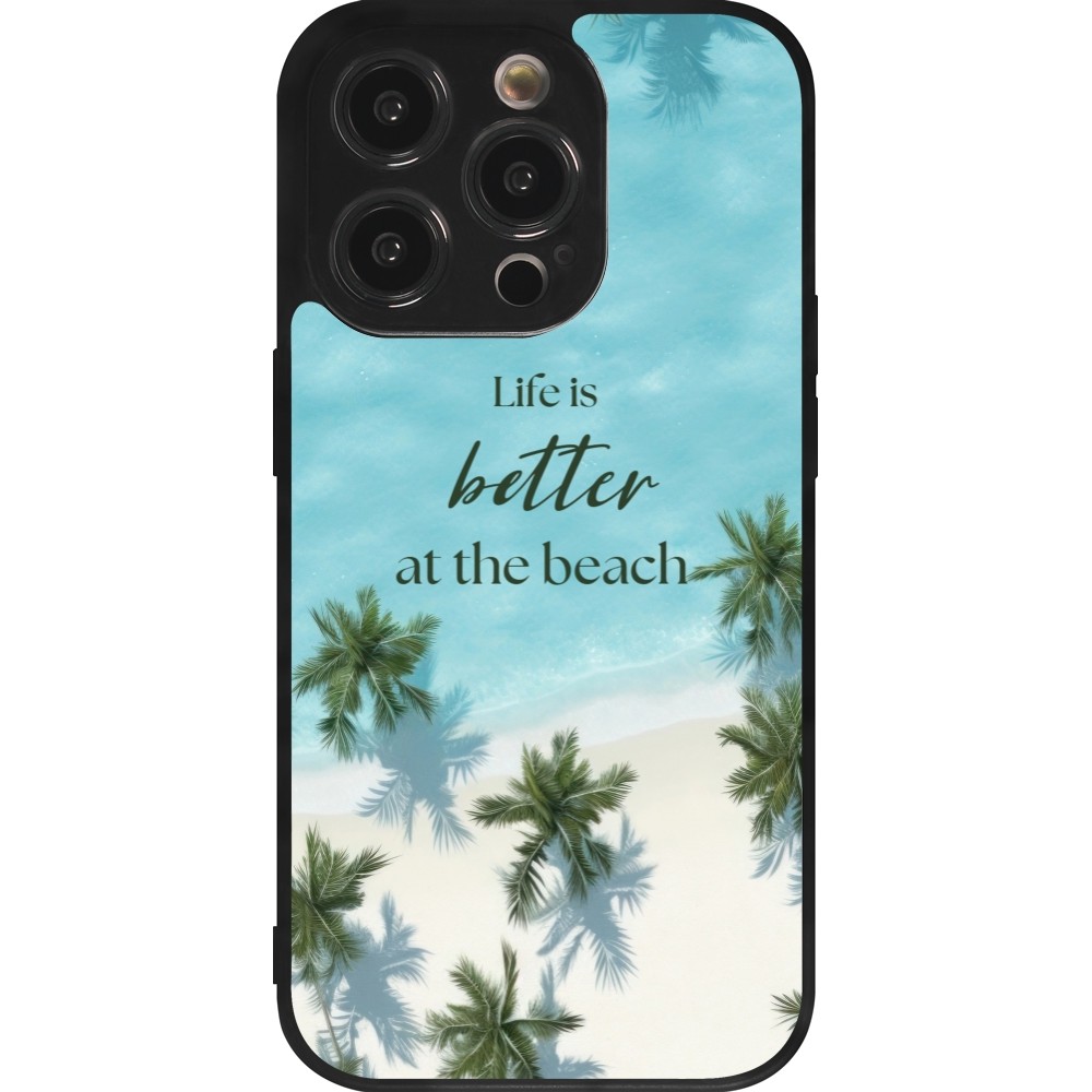 Coque iPhone 14 Pro - Silicone rigide noir Summer 2025 Life is better at the beach