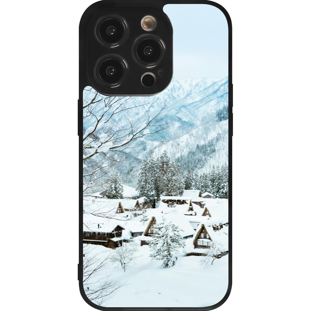 Coque iPhone 14 Pro - Silicone rigide noir Winter 25 Winter snowy landscape
