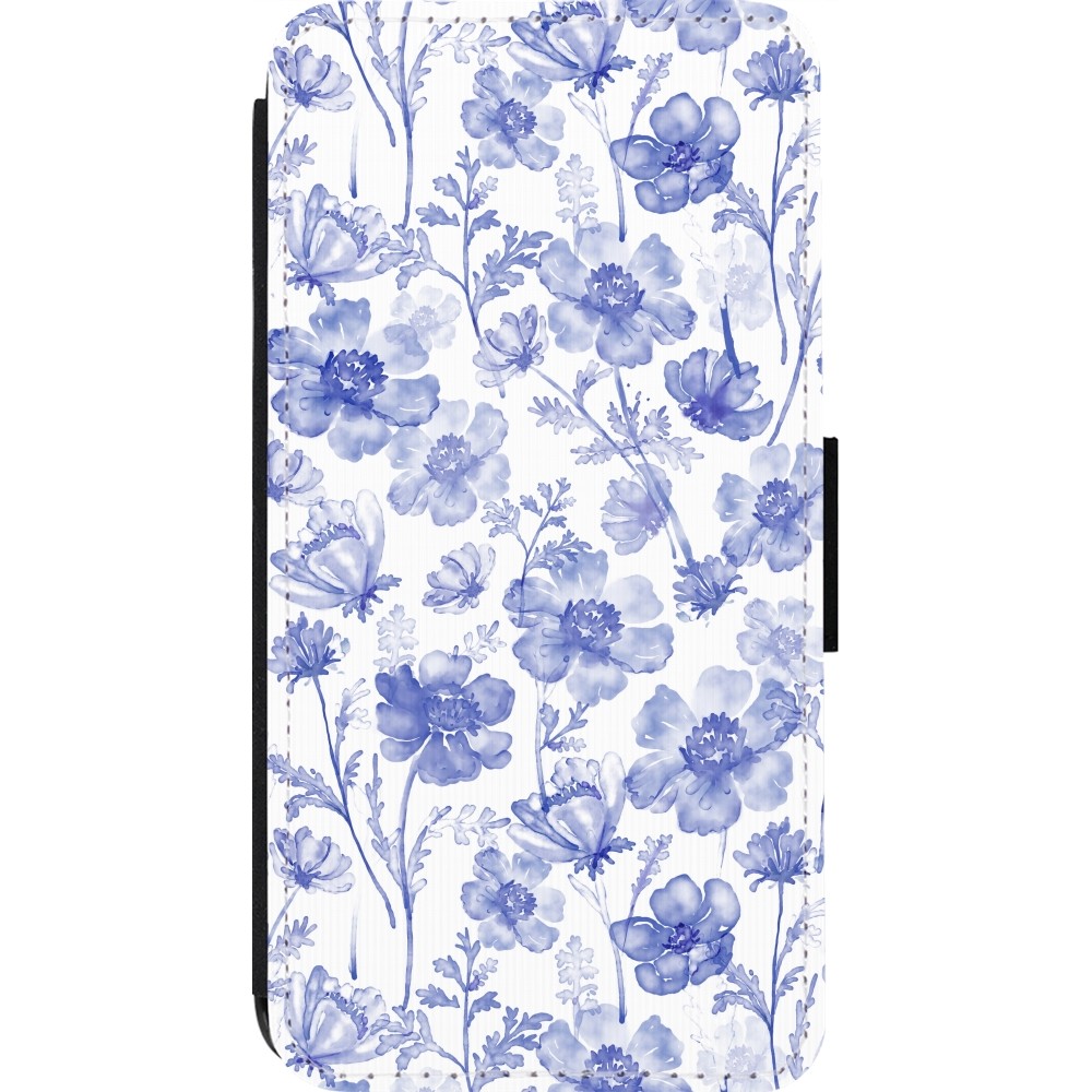 iPhone 14 Pro Case Hülle - Wallet schwarz Spring 23 watercolor blue flowers