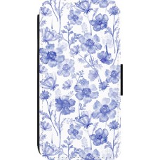 iPhone 14 Pro Case Hülle - Wallet schwarz Spring 23 watercolor blue flowers