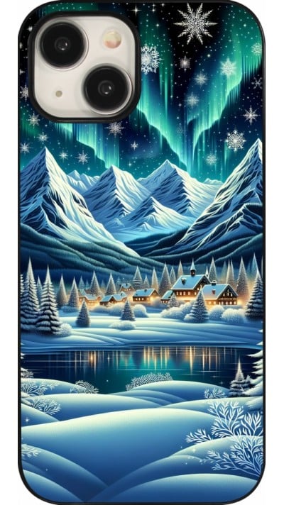 Coque iPhone 15 - Snowy Mountain Village Lake night