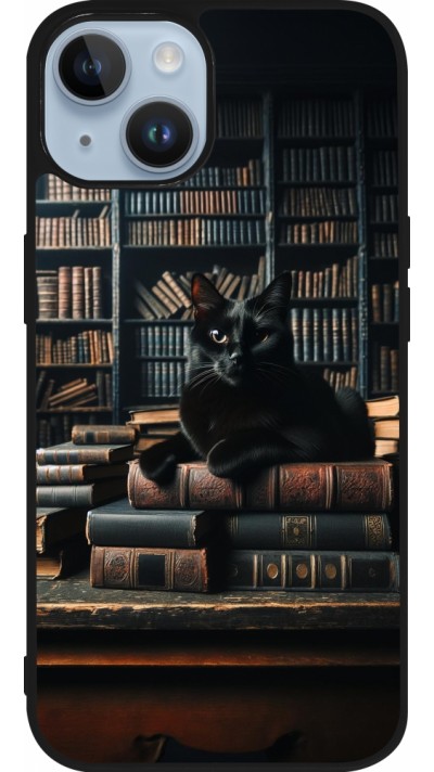 iPhone 15 Case Hülle - Silikon schwarz Katze Bücher dunkel
