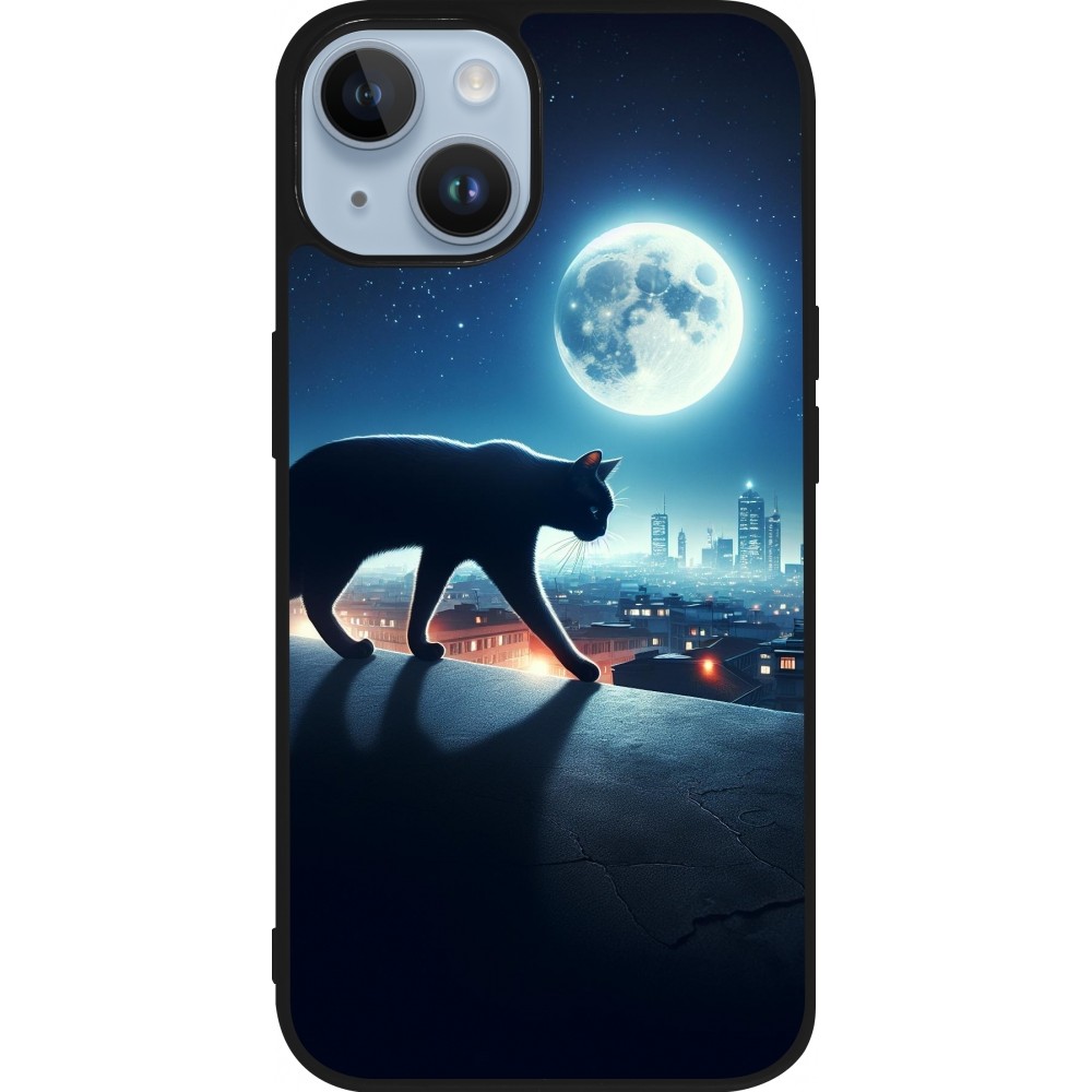 iPhone 15 Case Hülle - Silikon schwarz Schwarze Katze unter dem Vollmond