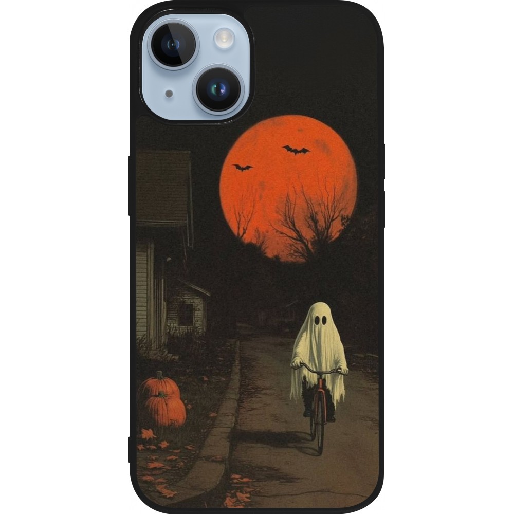 Coque iPhone 15 - Silicone rigide noir Halloween 2025 Ghost on a bicycle