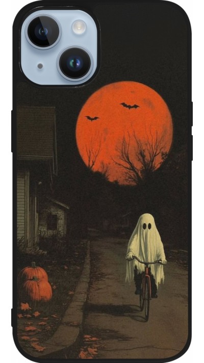 Coque iPhone 15 - Silicone rigide noir Halloween 2025 Ghost on a bicycle