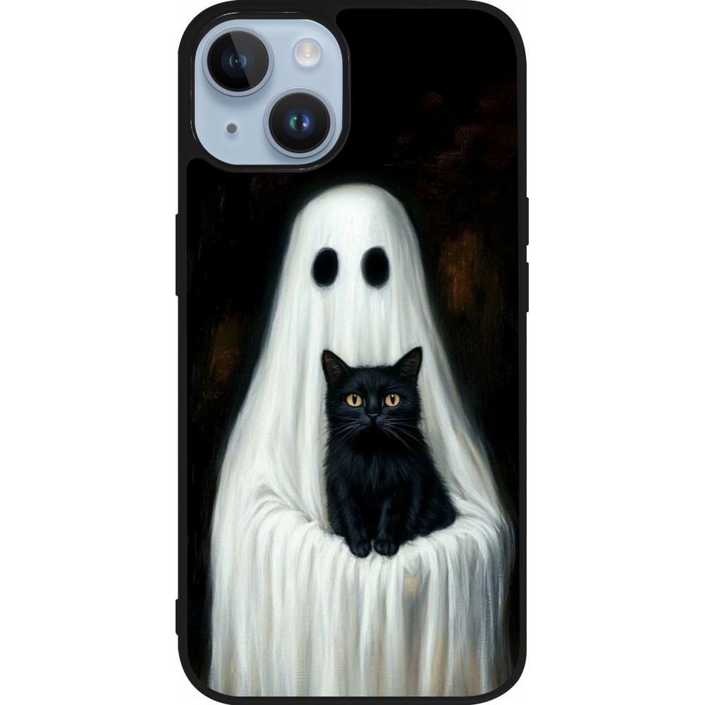 Coque iPhone 15 - Silicone rigide noir Halloween 2025 Ghost with black cat