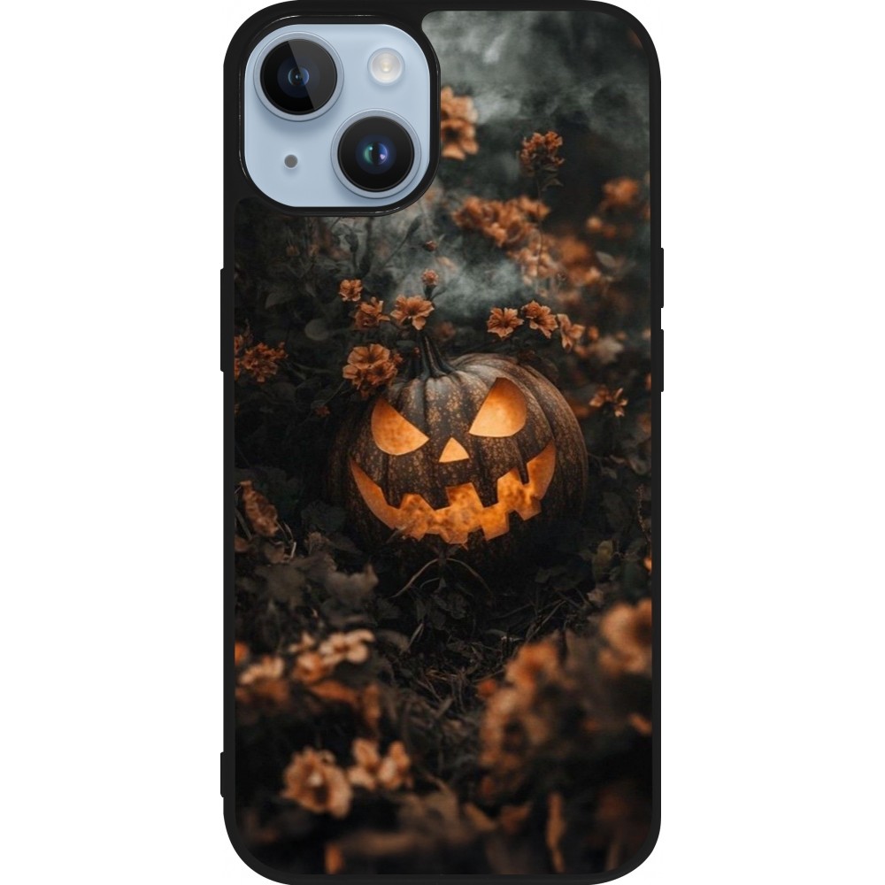 Coque iPhone 15 - Silicone rigide noir Halloween 2025 Pumpkin with flowers