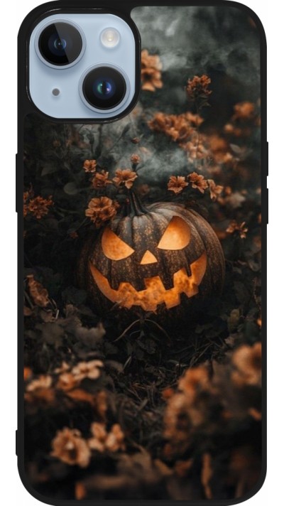 Coque iPhone 15 - Silicone rigide noir Halloween 2025 Pumpkin with flowers
