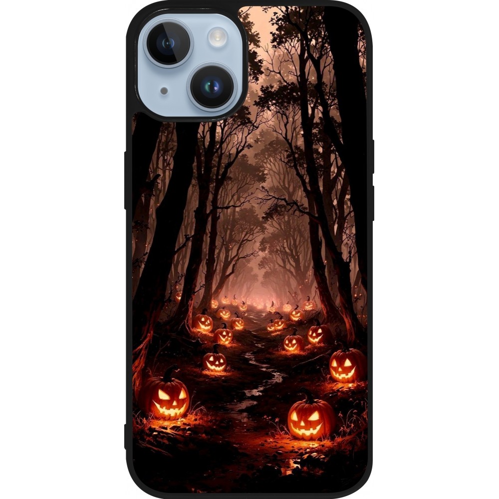 Coque iPhone 15 - Silicone rigide noir Halloween 2025 Road of Terrifying Pumpkins