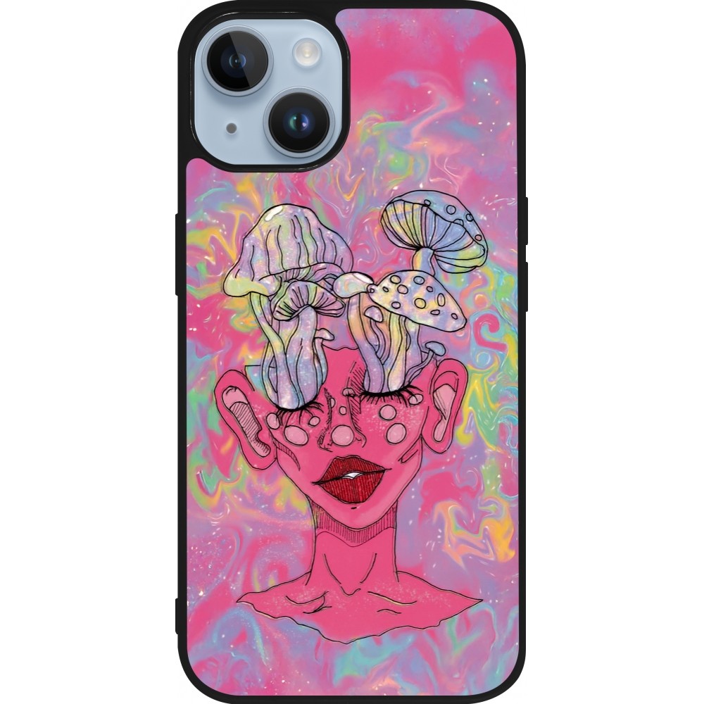iPhone 15 Case Hülle - Silikon schwarz Psychedelic pink mushroom