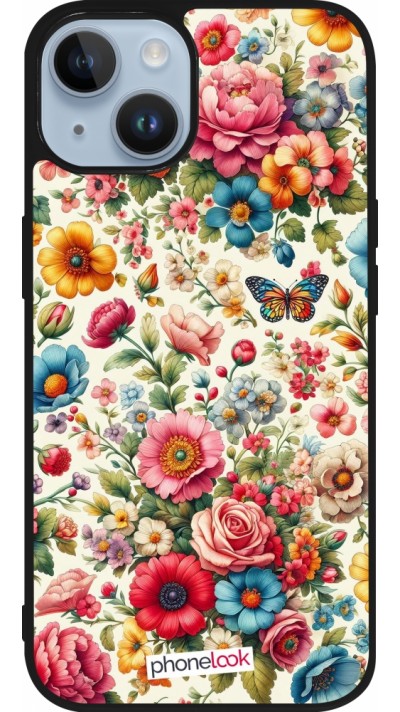 Coque iPhone 15 - Silicone rigide noir Spring 25 printemps fleuri