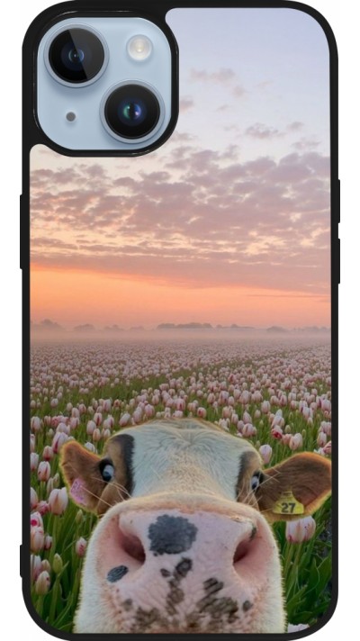 Coque iPhone 15 - Silicone rigide noir Cow with tulips 2026