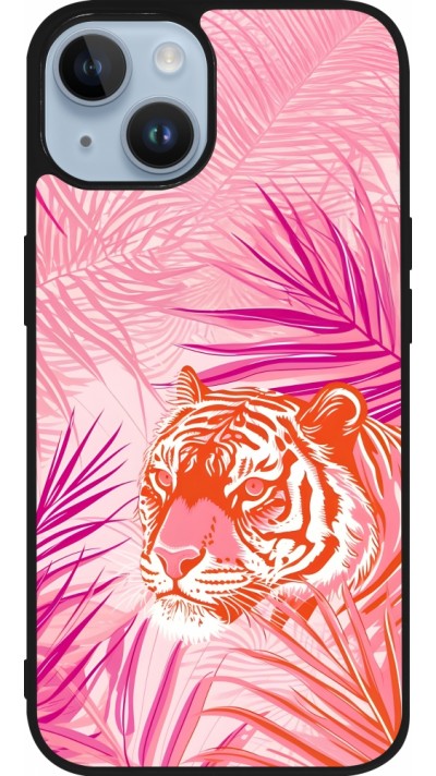 iPhone 15 Case Hülle - Silikon schwarz Tiger Palmen rosa