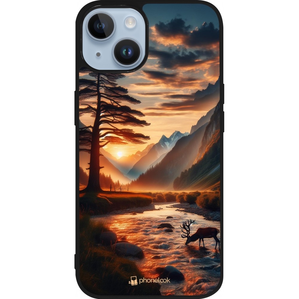iPhone 15 Case Hülle - Silikon schwarz Tal Sonnenuntergang Hirsch Baum