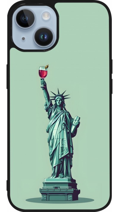 Coque iPhone 15 - Silicone rigide noir Wine Statue de la liberté avec un verre de vin