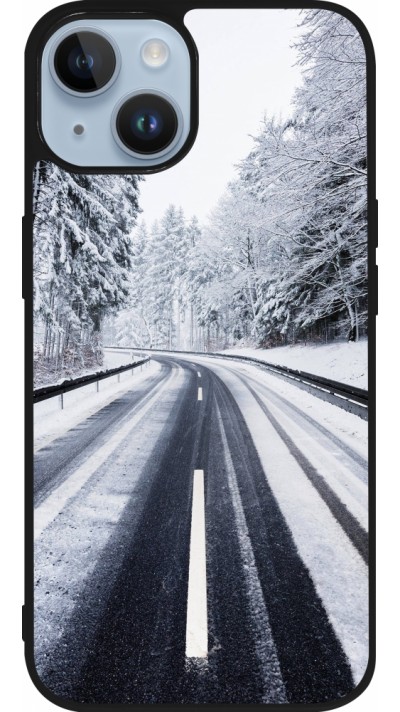 Coque iPhone 15 - Silicone rigide noir Winter 22 Snowy Road