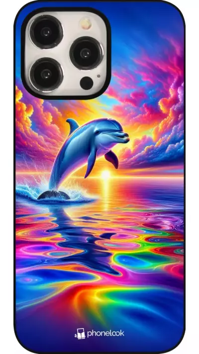 Coque iPhone 15 Pro Max - Dauphin arc-en-ciel heureux