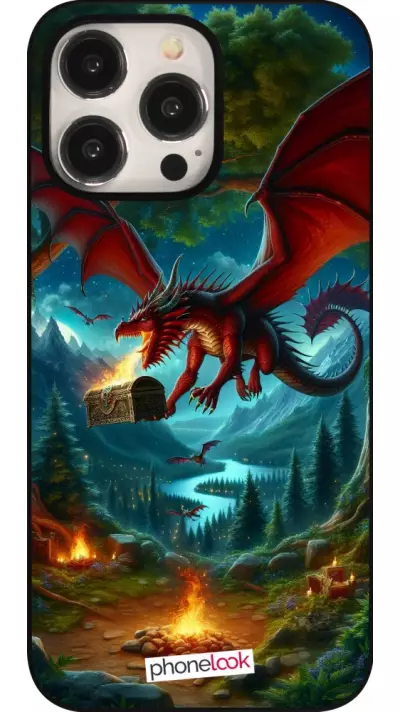 Coque iPhone 15 Pro Max - Dragon Volant Forêt Trésor