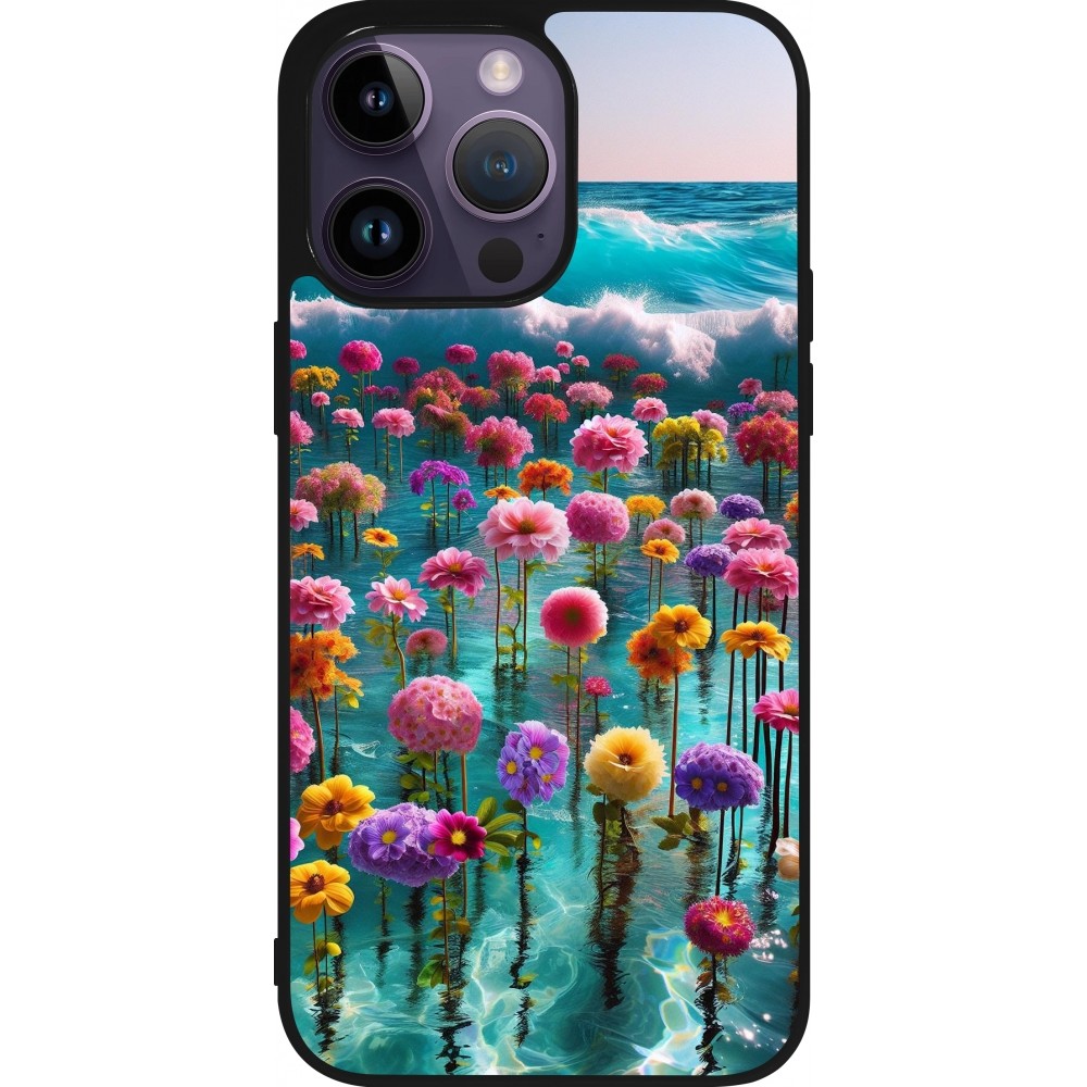 Coque iPhone 15 Pro Max - Silicone rigide noir Flower sea waves