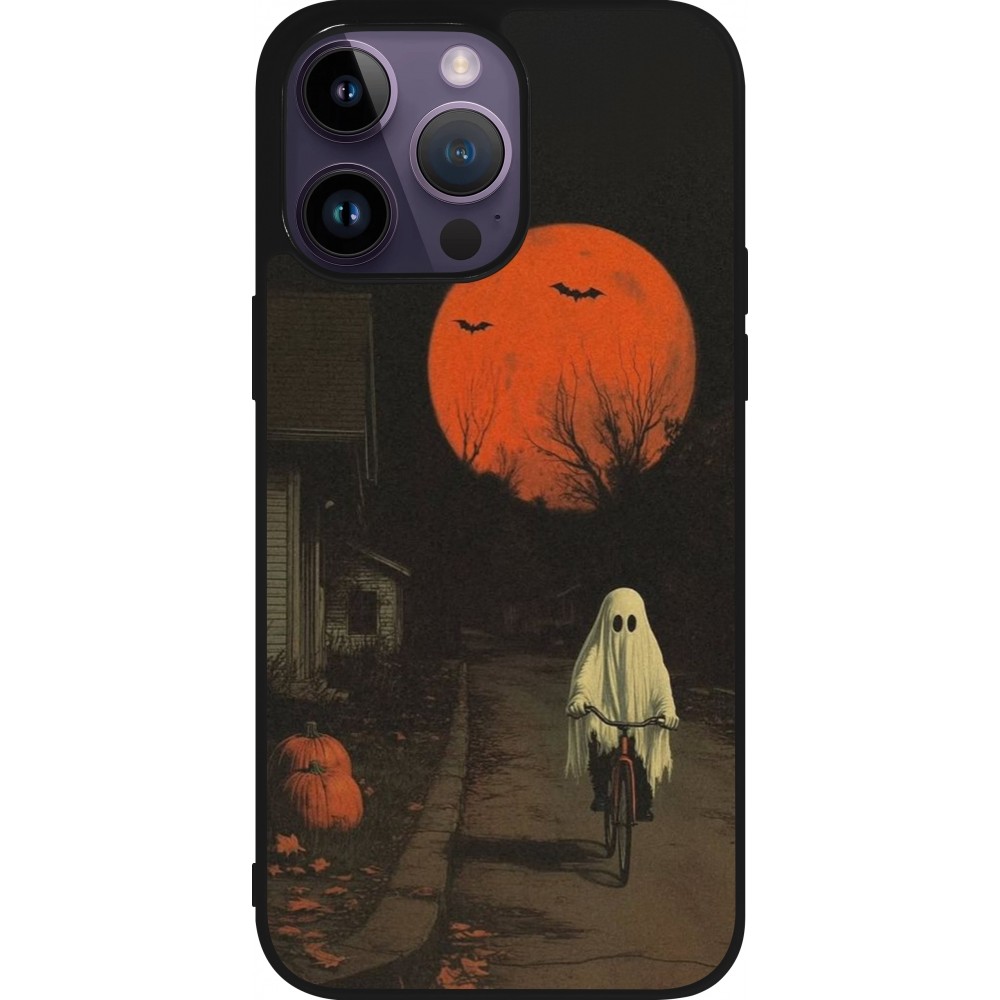 iPhone 15 Pro Max Case Hülle - Silikon schwarz Halloween 2025 Ghost on a bicycle