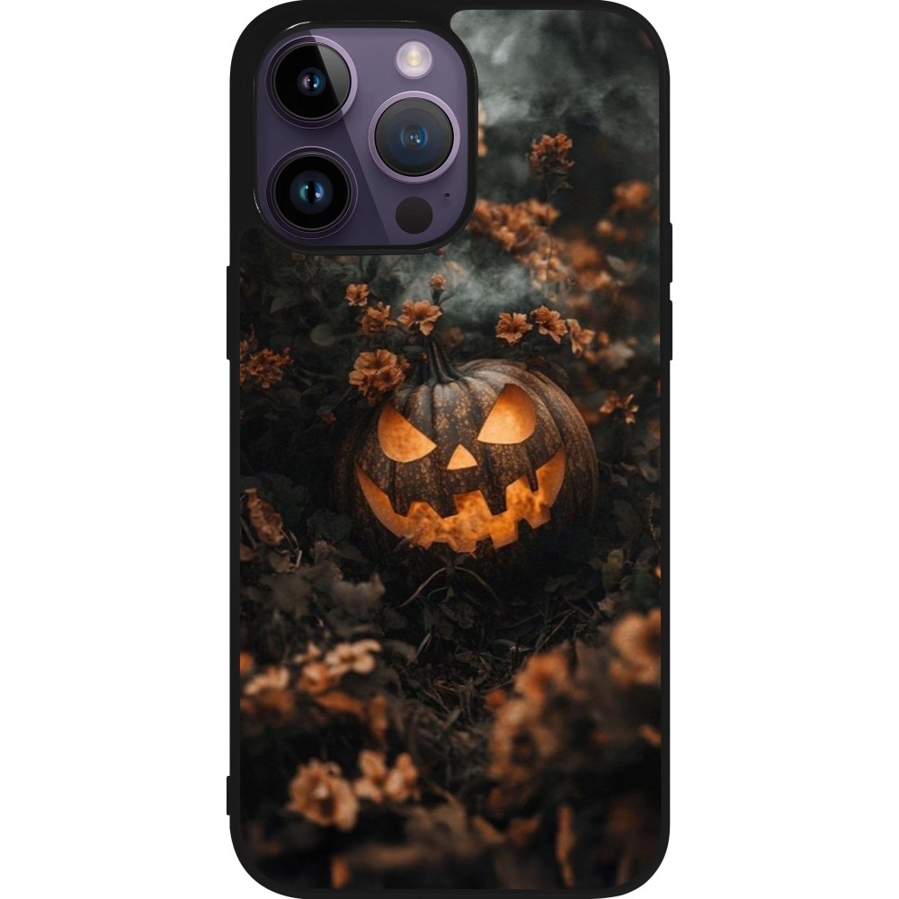 Coque iPhone 15 Pro Max - Silicone rigide noir Halloween 2025 Pumpkin with flowers