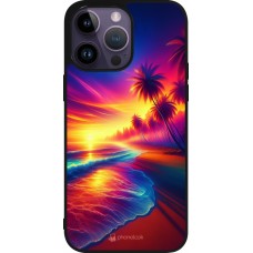 Coque iPhone 15 Pro Max - Silicone rigide noir Plage coucher soleil flashy