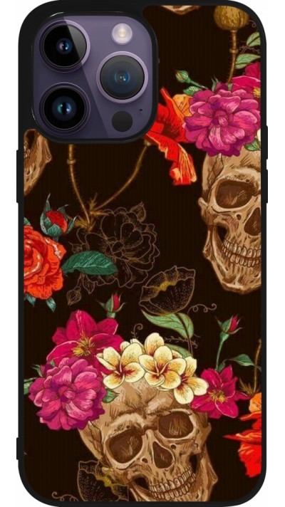 iPhone 15 Pro Max Case Hülle - Silikon schwarz Skulls and flowers