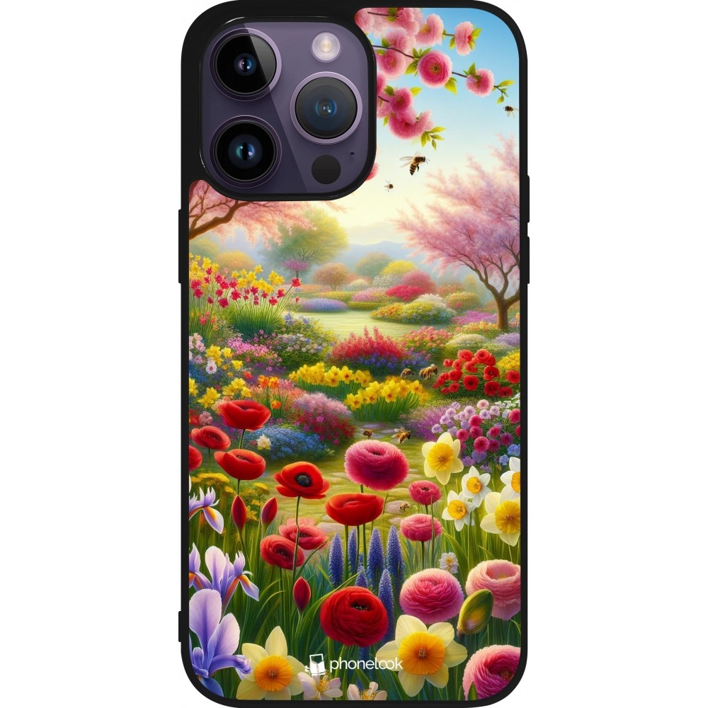 Coque iPhone 15 Pro Max - Silicone rigide noir Spring 25 Bouquet printemps