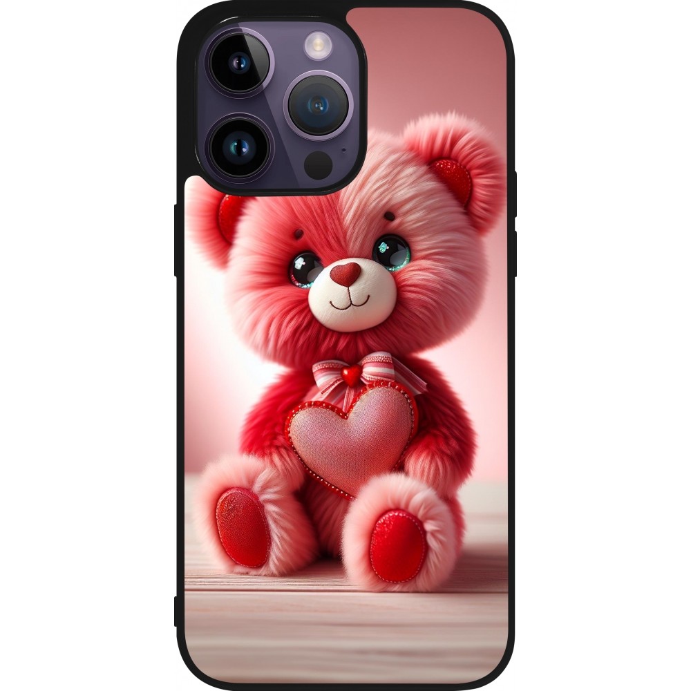 iPhone 15 Pro Max Case Hülle - Silikon schwarz Valentin 2024 Rosaroter Teddybär