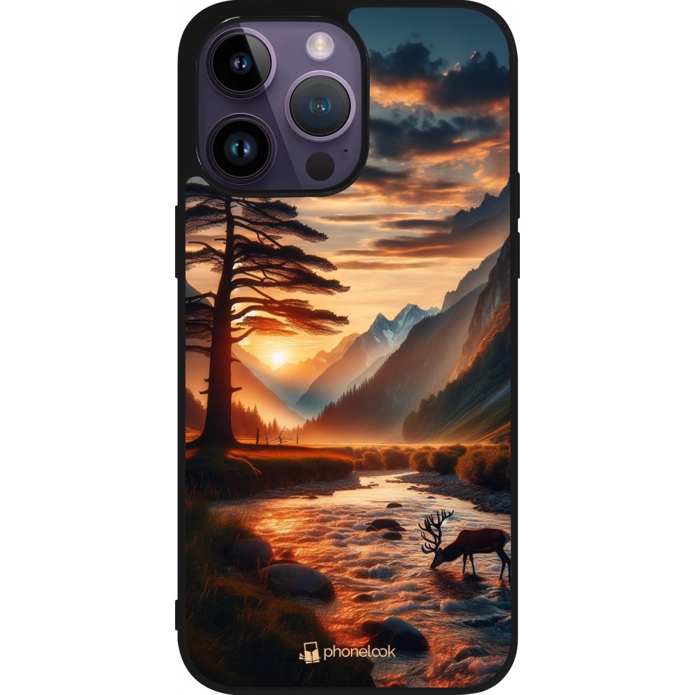 Coque iPhone 15 Pro Max - Silicone rigide noir Valley Sunset Deer Tree