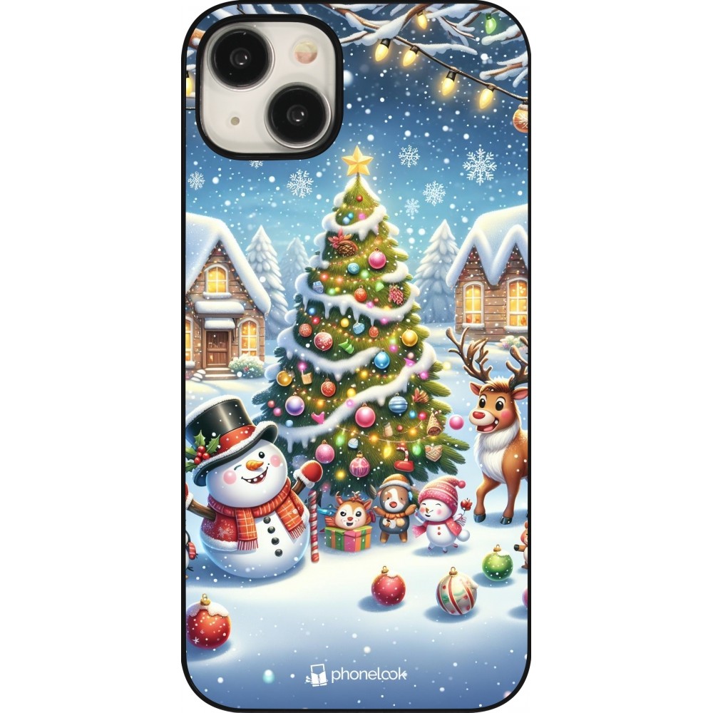 Coque iPhone 15 Plus - Noël 2023 bonhomme de neige et sapin
