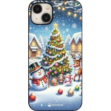 Coque iPhone 15 Plus - Noël 2023 bonhomme de neige et sapin