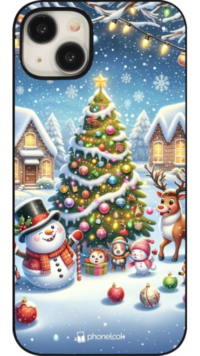 Coque iPhone 15 Plus - Noël 2023 bonhomme de neige et sapin